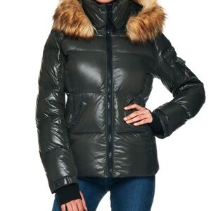 S13 New York Jacket Women’s Large Gloss Kylie Down Black Puffer Faux Fur Coat